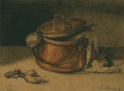 銅鍋と柄杓のある静物 作： François Bonvin