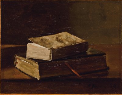 2冊の本のある静物、1858 作： François Bonvin