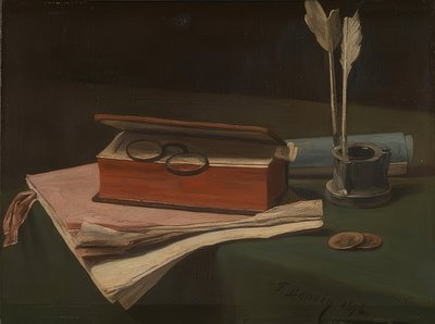 本、ペーパー、インク壺のある静物。 1876 作： François Bonvin
