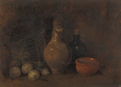4つの果物、グラス、陶器のある静物 作： François Bonvin