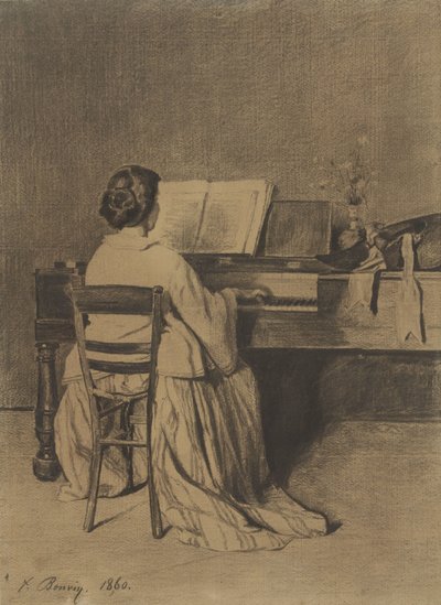 後ろから見たピアノの女性 作： François Bonvin