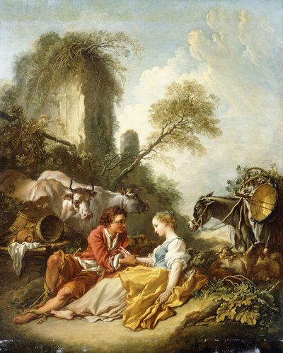 遺跡に座った羊飼いと羊飼いのいる牧歌的な風景 作： François Boucher