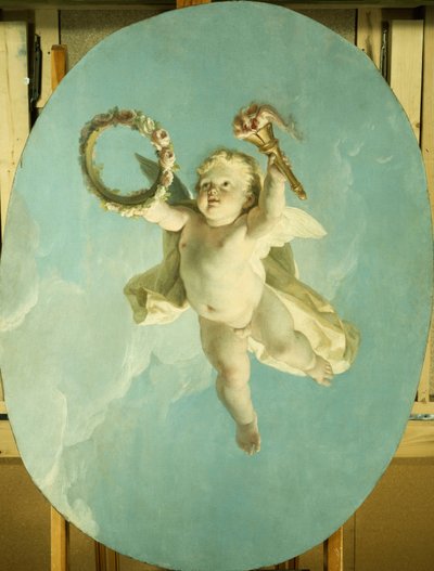 花輪とたいまつを持った飛行中のプッティ、 作： François Boucher