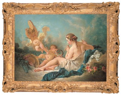 プッティとフルートを演奏するリクライニングニンフ、おそらくミューズユーテルペ、1752年 作： François Boucher