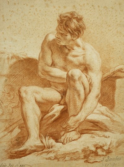 スタッフが座っているヌード、左側にプッティがいる救済、1738 作： François Boucher