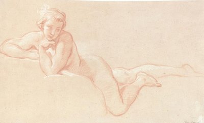 雲の上に横たわっている女性のヌードの研究、あごが左手で休んでいる 作： François Boucher