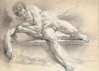 石のベンチに横になっている男のヌード研究 作： François Boucher