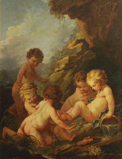 ブーシェ - 岩の淵で遊ぶ5人の裸の子供たち 1730-1735 作： François Boucher