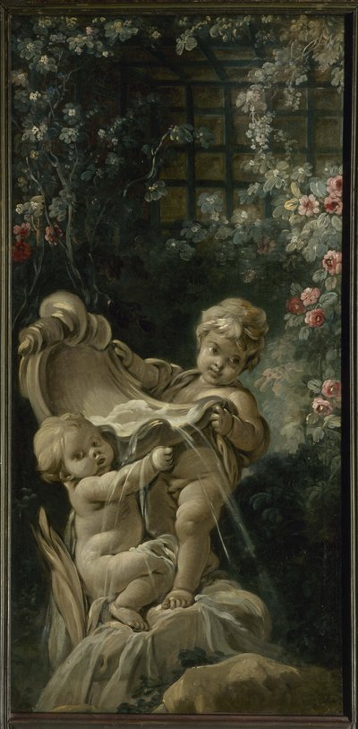 ブーシェ - 二人の恋人（一人はひざまずく）が描かれた噴水、1765年から1770年の間 作： François Boucher