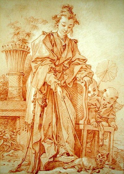 猫と遊ぶ中国の少女 作： François Boucher
