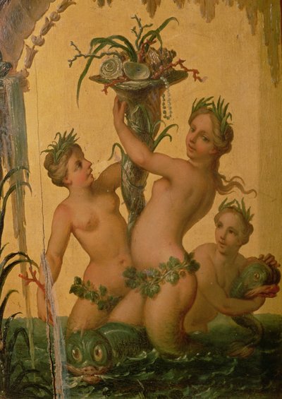 1724年頃のピーター大王の州馬車から宝庫を持っているサイレンの詳細 作： François Boucher