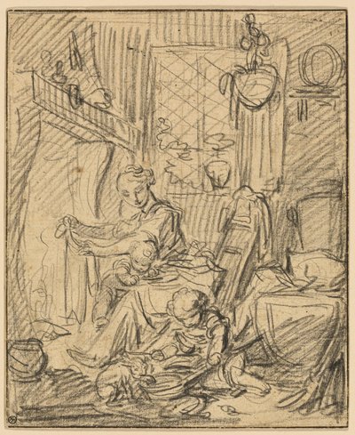 国内シーン: マントルピースの前に 2 人の小さな子供を持つ母親 作： François Boucher