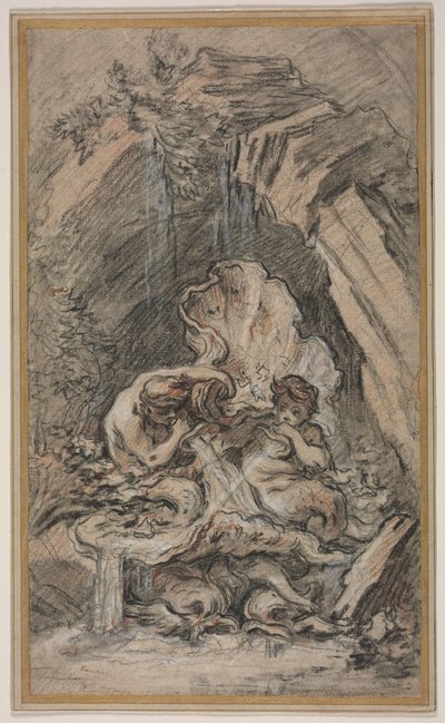 巻き貝の殻を吹く2つのトリトンの噴水c。 1736年。 作： François Boucher