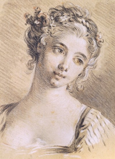 若い女の子の頭（紙の上の木炭と白いチョーク） 作： François Boucher