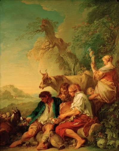 風景の中の牛と羊飼い 作： François Boucher