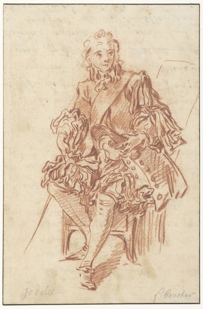 椅子に座るジョドレット モリエールの作品の 1734 年版 (vol. I、p. 247) の Les Précieuses Ridicules のイラストのデザイン (シリーズ タイトル) 作： François Boucher