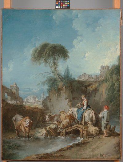 遠くの建物と牧夫のいる風景 作： François Boucher