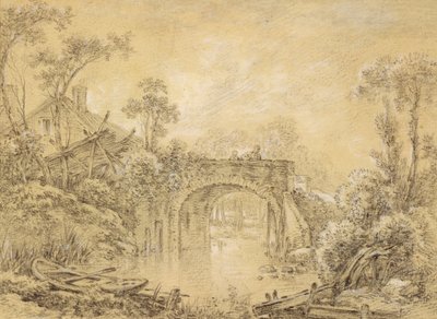素朴な橋のある風景、c.1740（クリーム色の紙の上に黒チョークを白で強調） 作： François Boucher