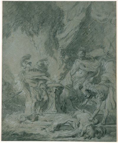 火の中に手を入れているスカエヴォラ 作： François Boucher