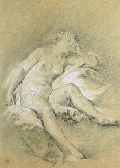 座っている、眠っている裸の若い女性。 Denudeeと座っている、眠っている若い女性、 作： François Boucher