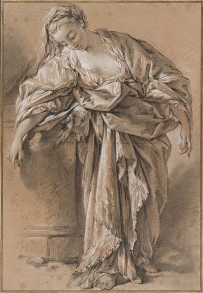 台座にもたれるドレープをまとった女性の習作 作： François Boucher