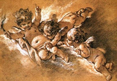 雲の中の3人のプッティ（チョーク 作： François Boucher