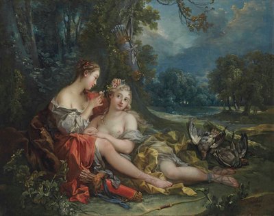 狩りから戻ったディアナの2人のニンフが休息している。 作： François Boucher