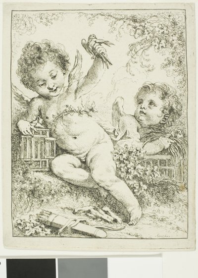 鳥と2匹のプッティ 作： François Boucher