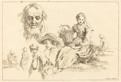 ひげを生やした老人の顔を含む人物研究 作： François Boucher after Abraham Bloemaert