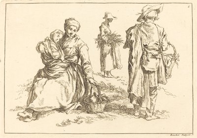 座っている母と子、立っている 2 人の農夫 作： François Boucher after Abraham Bloemaert