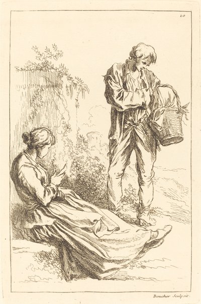 バスケットを持っている農民の少年と座っている女性 作： François Boucher after Abraham Bloemaert