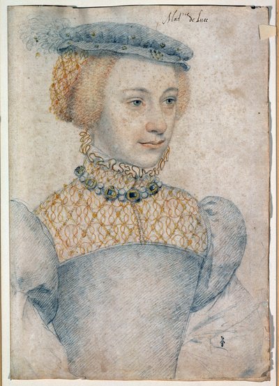 リュセ領主ルイ・ド・コースムの妻、アンヌ・ドゥ・ピッセルーの肖像（1520年～？フランソワ・クルエ（1515-1572）による黒い石と血を使ったドローイング 作： François Clouet