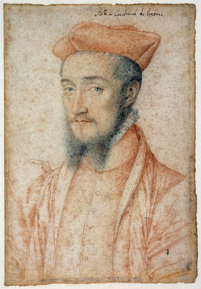 ロレーヌの枢機卿シャルル（1525-1574）の肖像。クルエ・フランソワ（1515-1572）による血と黒い石のドローイング 作： François Clouet