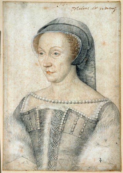 ヴァレンティノワ公爵夫人ディアーヌ・ド・ポワチエ（1499年〜1566年）の肖像。フランソワ・クルエ（1515-1572）による黒い石と血のドローイング 作： François Clouet