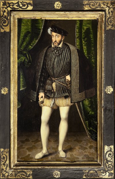 フランソワ1世とクロード・ド・フランスの息子で、1547年から1559年までフランス王を務めたヘンリー2世（1519-1559）の肖像。フランソワ・クルエの工房の絵画で、1520年から1572年頃に制作されたもので、フランソワ・クルエによる等身大の肖像画を縮小したものです。写真撮影、KIM 作： François Clouet
