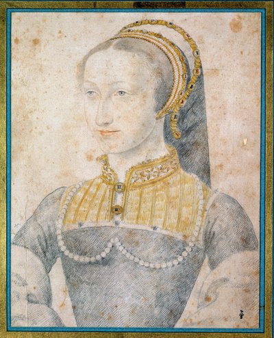 アンリ4世の母であるナバラ王妃ジョアン・オブ・アルブレ（1528 - 1572）の肖像。フランソワ・クルエ（1515-1572）による黒い石と血のドローイング 作： François Clouet
