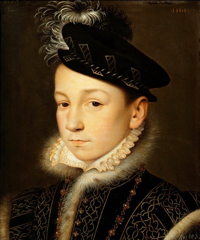 フランス王シャルル9世（1550-1574）の肖像 - フランソワ・クリュエ（1510-1572）。木に油彩 作： François Clouet