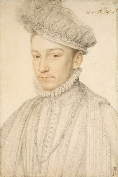 フランス王シャルル9世（1550-1574）の肖像 par Clouet, Francois (1510-1572).紙に黒チョークとサンギーヌ、サイズ：33,5x22,5 作： François Clouet