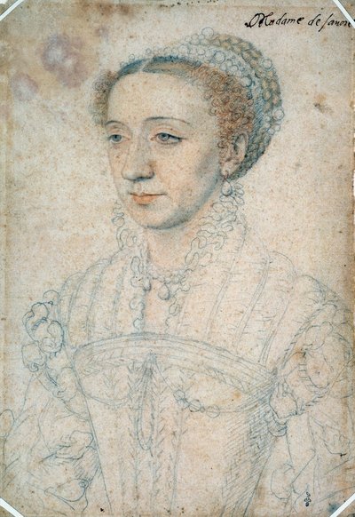 フランソワ1世の娘でサヴォワ公爵夫人のマルグリット・ド・フランス（1523年〜1574年）の肖像。フランソワ・クルエ（1515-1572）による黒い石と血のドローイング 作： François Clouet