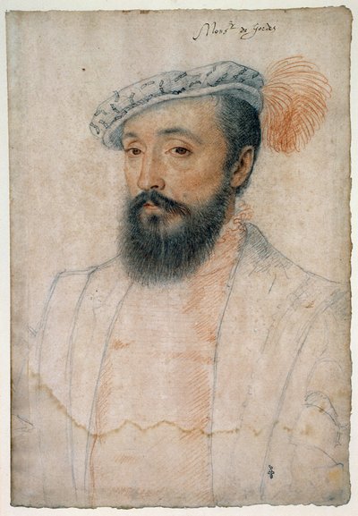 ゴルドのモンシニョール（1513 - 1578）の肖像。クルエ・フランソワ（1515-1572）による血と黒い石のデッサン 作： François Clouet