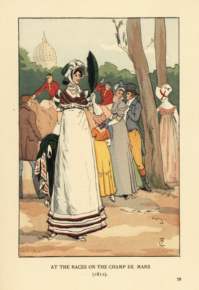 シャン・ド・マルスでの競馬に参加するファッショナブルな女性 作： François Courboin