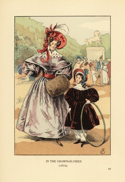 フープを持った女性と子供が公園で遊んでいます。Champs Elyseesにて 作： François Courboin