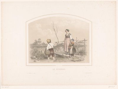 小川のそばで女性と子供にロブスターを見せる少年 Le ruisseau (オブジェクトのタイトル) 作： François Grenier