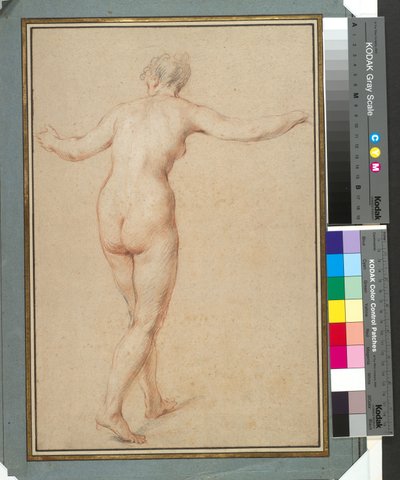 後ろから見た立っている女性のヌード、1722年頃（紙に赤、黒、白のチョーク） 作： François Lemoyne