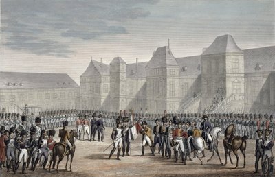 1814 年 4 月 20 日、ナポレオンの退位とフォンテーヌブローからのエルバ島への出発 作： François Pigeot