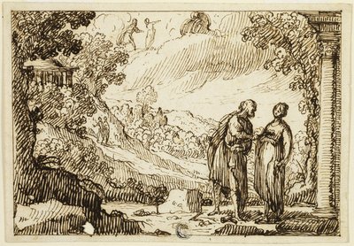 古典的な風景の中で男女が会話する正体不明の神話的情景 作： François Roëttiers