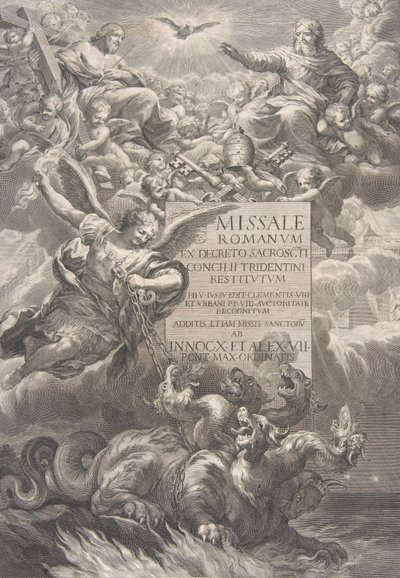 聖ミカエルが 6 頭のドラゴンを打ち負かす聖なる三位一体、「...」の口絵。 1662年。 作： François Spierre