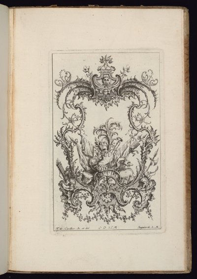 アーモリアル トロフィーのカルトゥーシュ、Livre d’ornements (装飾書) 作： François de Cuvilliés the Elder