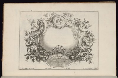 ワインの葉とブドウのカルトゥーシュ、Livre de Cartouches Reguliers (Book of Regular Cartouches) 作： François de Cuvilliés the Elder