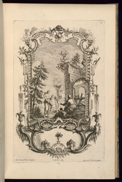 大小のコンパートメントを持つカルトゥーシュのデザイン 作： François de Cuvilliés the Elder